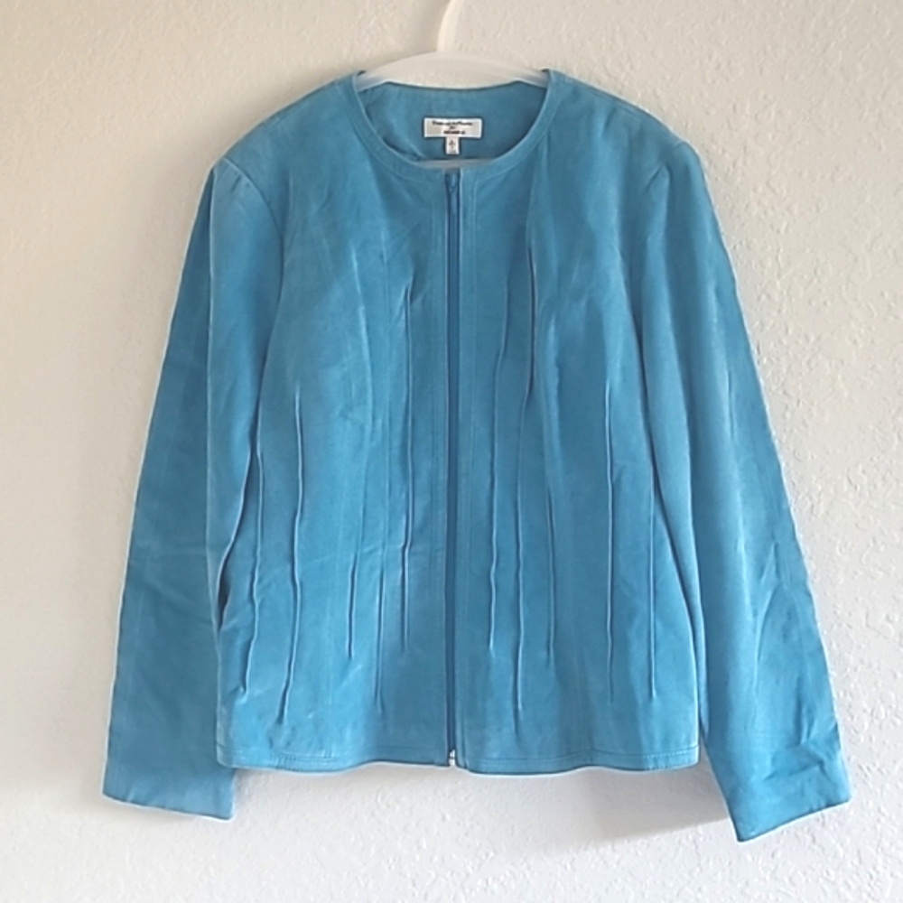Yvonne & Marie for Revue Turquoise Suede Jacket. Size Large. Crew Neck. Like New